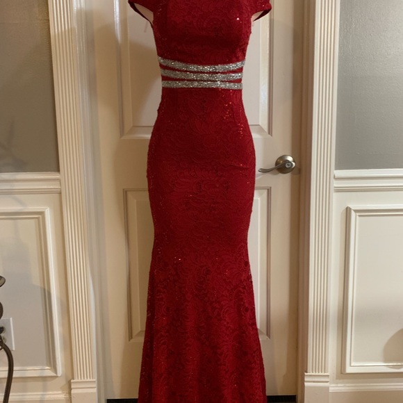 Women junior red lace sequins shoulder off maxi dress size (S) zipper back - Picture 2 of 13
